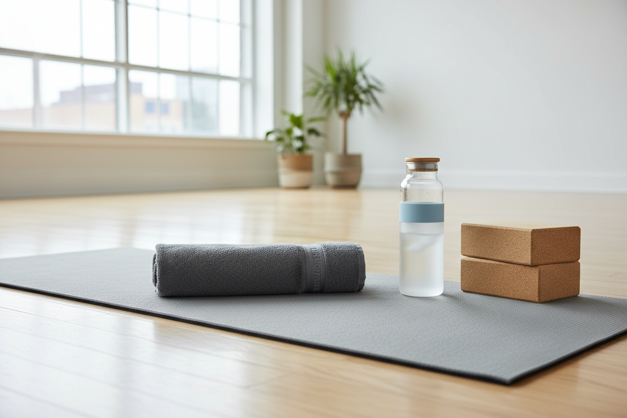 FitFiber Grey Everyday Towel on a yoga mat in a bright studio