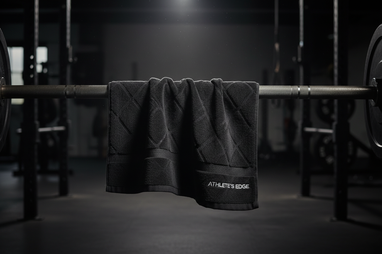 FitFiber Black Performance Towel draped over a barbell in a modern gym