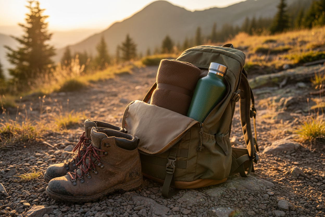 FitFiber Brown Travel Towel rolled up in a backpack on a mountain trail